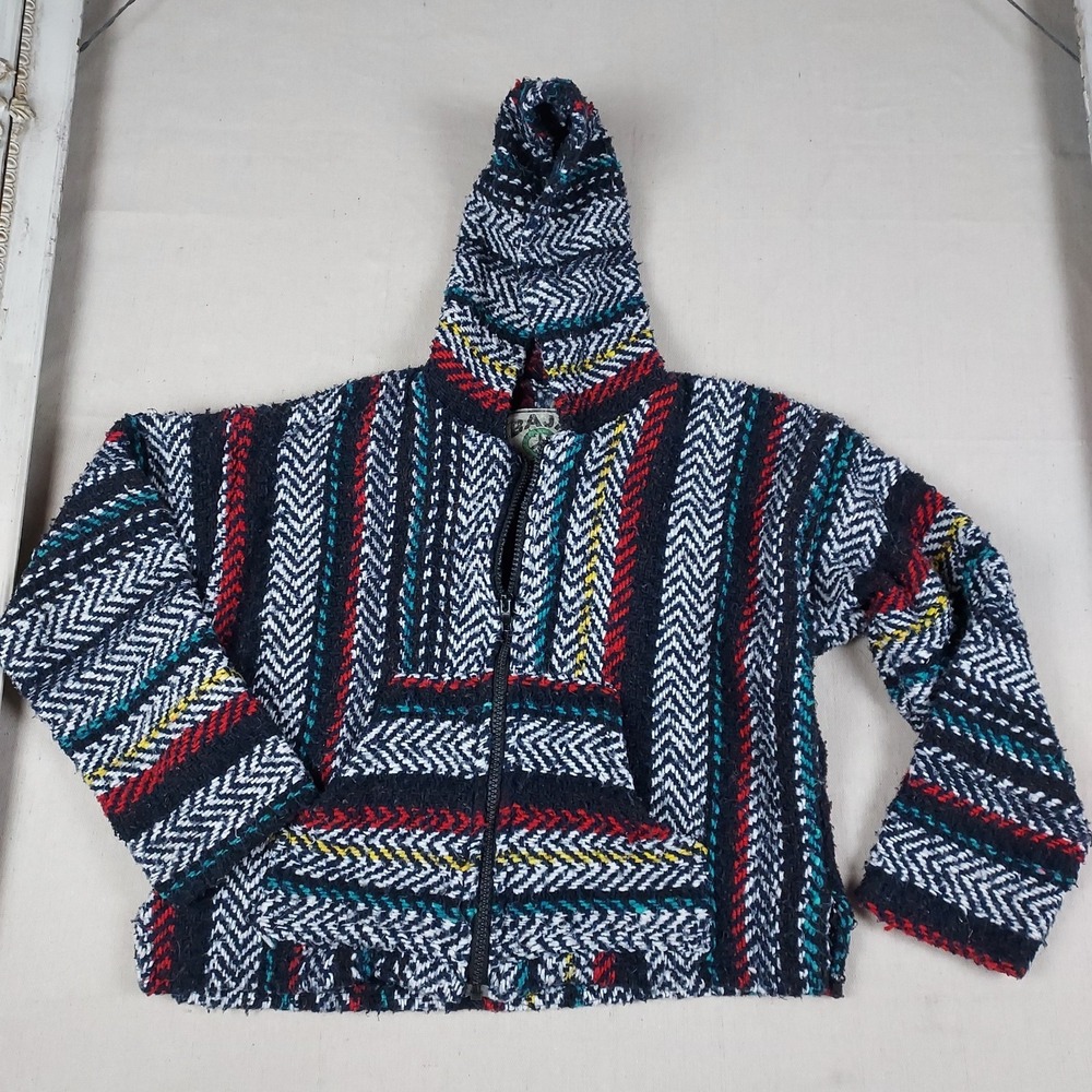 Baja Joe Mexican Blanket Hoodie Jacket Pullover Full Zip Baja Drug Rug Size M